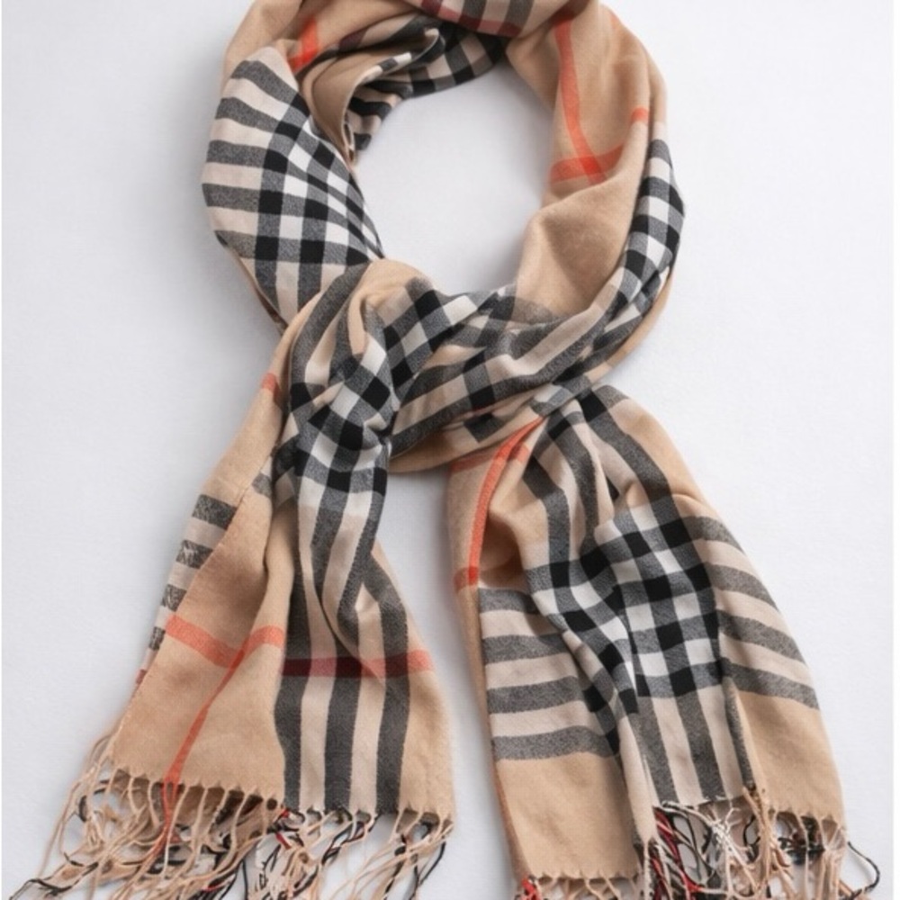 Preppy Pashmina/Silk Beige, Black, Tan, White and Red Plaid Scarf